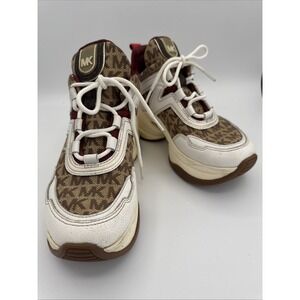 Michael Kors Poppy Monogram Platform Sneakers Women 5.5M Beige White Burgundy MK